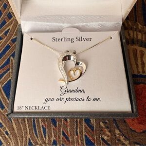 NIB Sterling Silver Two Tone Cubic Zirconia "Grandma" Heart Pendant
